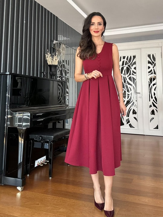Bordo V Yaka Düğmeli Midi Elbise