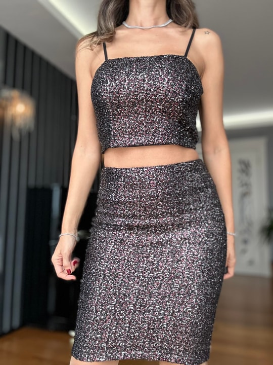 Bordo Ve Gümüş Pullu Kalem Etek Askılı Crop Takım