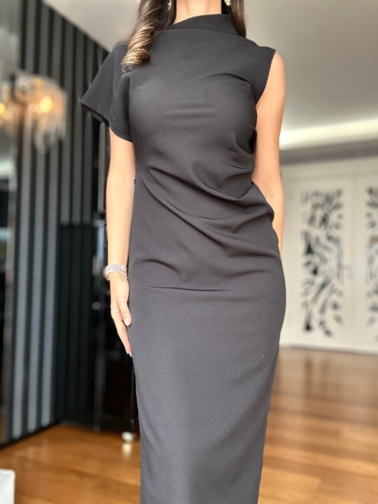  Draped Slit Black Dress