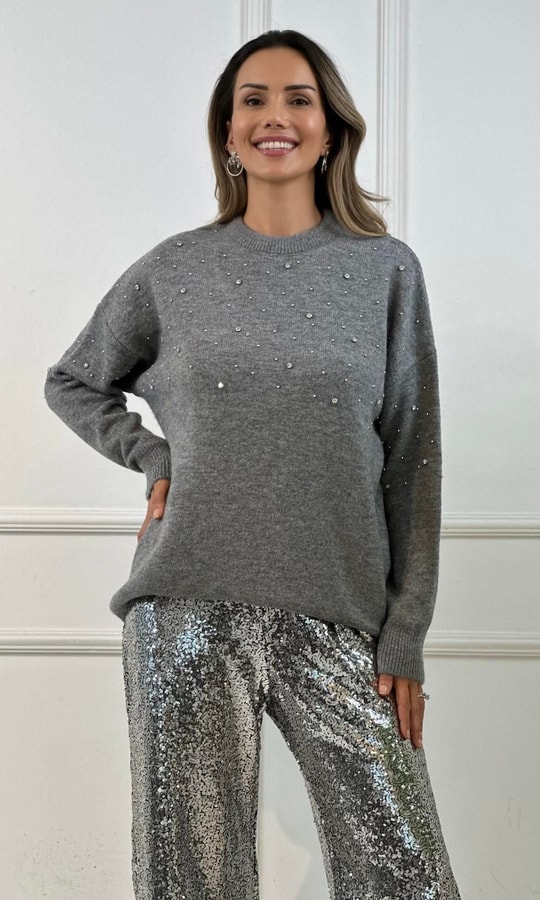Füme Gümüş Pullu Geniş Kesim Pantolon