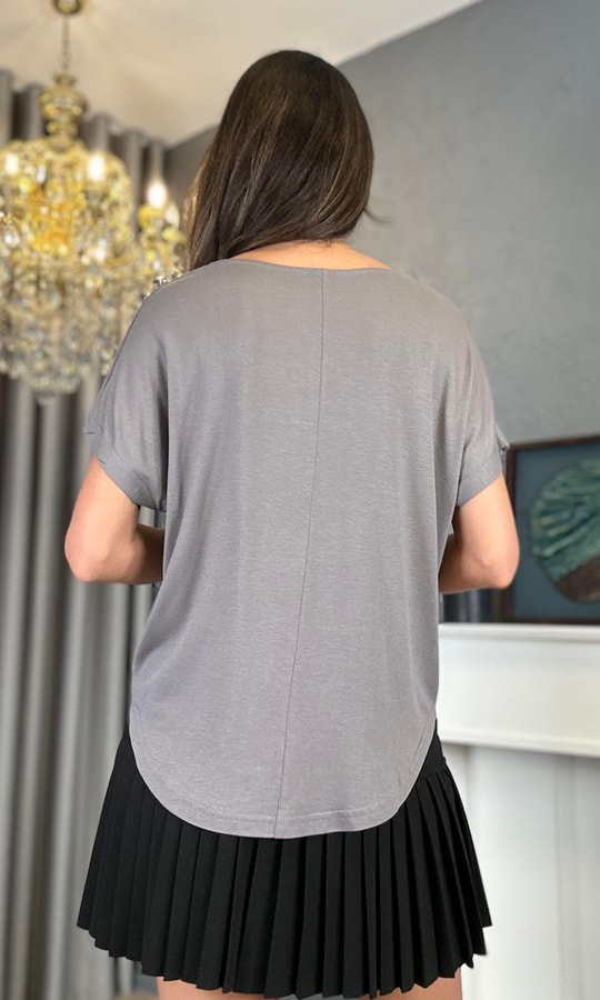 Gri Bisiklet Yaka Yarasa Salaş Tişört