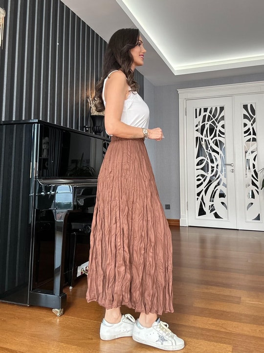  Brown Elastic Waist Crush Skirt