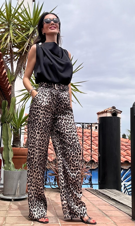Kemerli Saten Leopar Pantolon