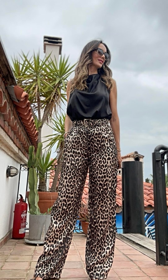 Kemerli Saten Leopar Pantolon