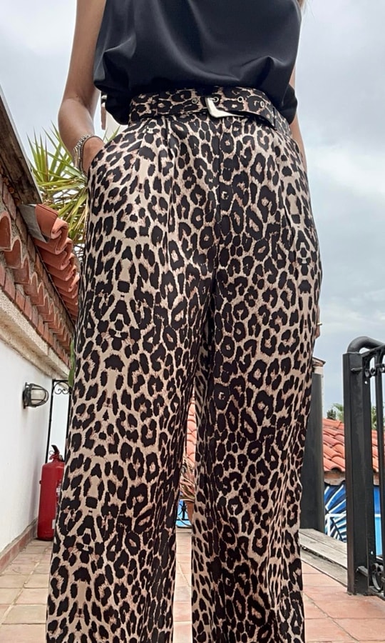 Kemerli Saten Leopar Pantolon