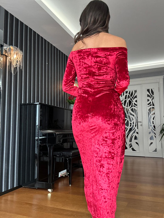 Red Velvet Front Slit Off-Shoulder Long Dress