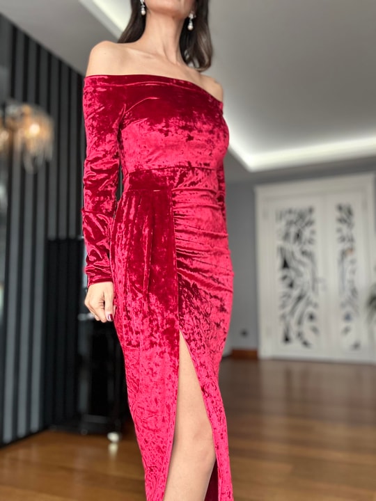 Red Velvet Front Slit Off-Shoulder Long Dress