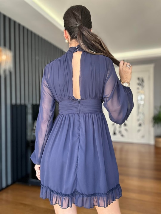 Lacivert Şifon Mini Elbise