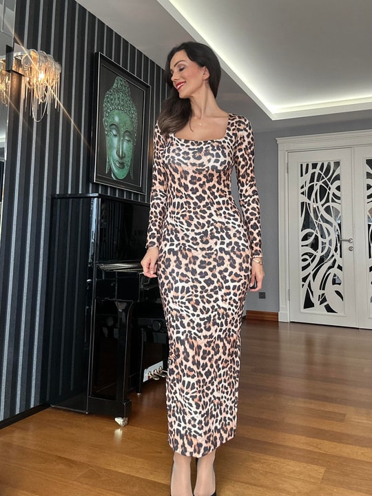Leopar Desen Kare Yaka Elbise