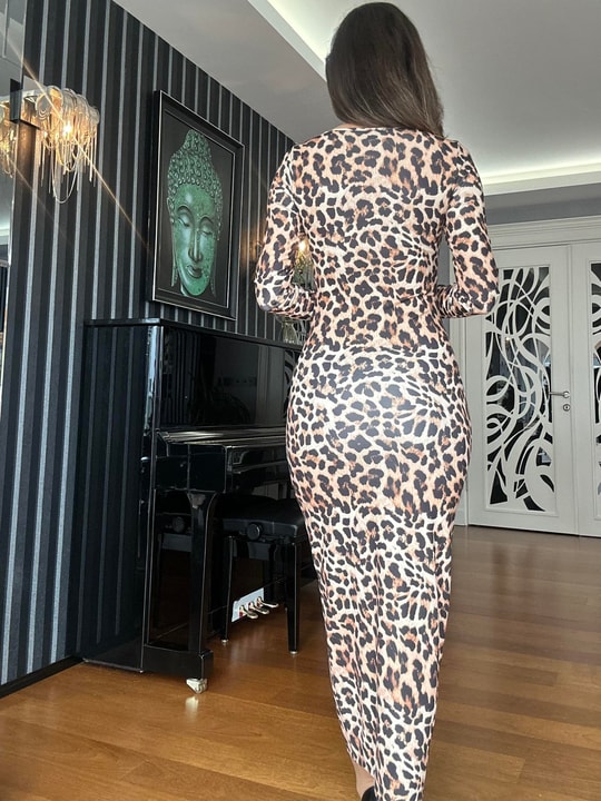 Leopar Desen Kare Yaka Elbise