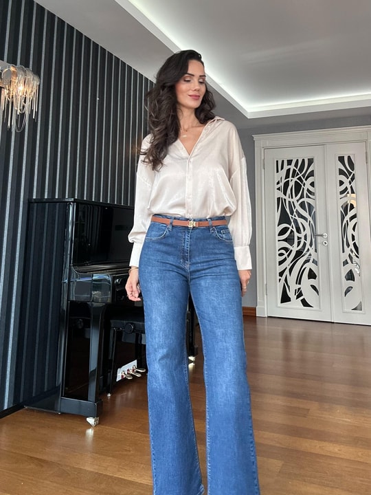 Mavi Yüksel Bel  Palazzo Denim Pantolon