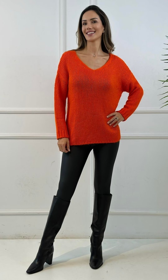 Orange V Yaka Yumuşak Örgü Kazak