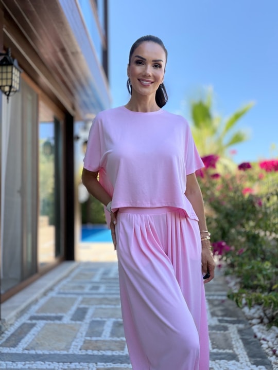 Pembe  Pileli Modal Şalvar Pantolon Bluz Takım