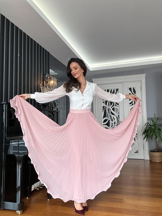 Pembe Şifon Piliseli  Maxi Etek