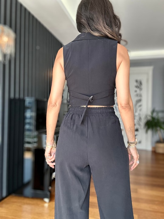 Siyah Crop Yelek Palazzo Pantolon Takım 