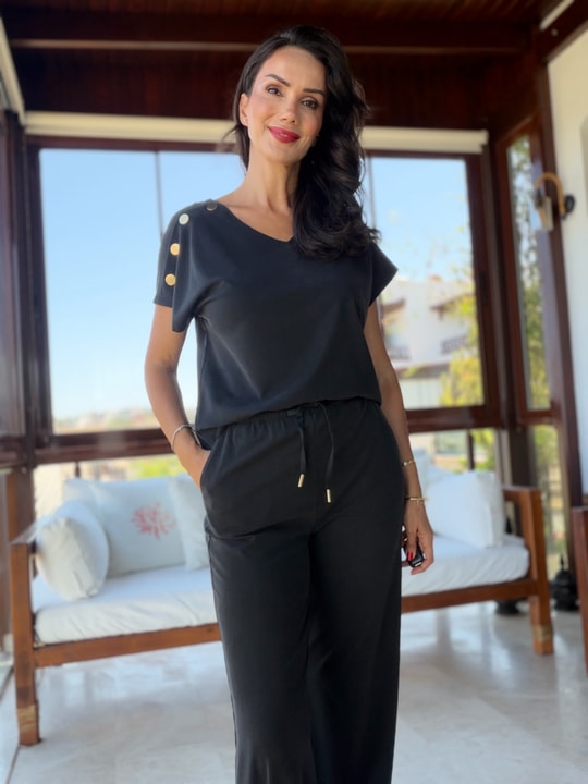 Siyah Gold Detaylı Tensel Bluz  Pantolon Takım