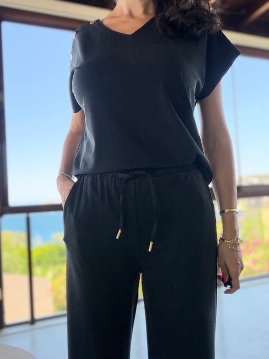 Siyah Gold Detaylı Tensel Bluz  Pantolon Takım