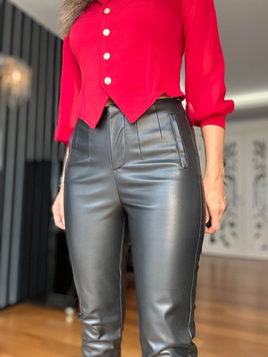 Black Carrot Cut Faux Leather Trousers with Raised Inside