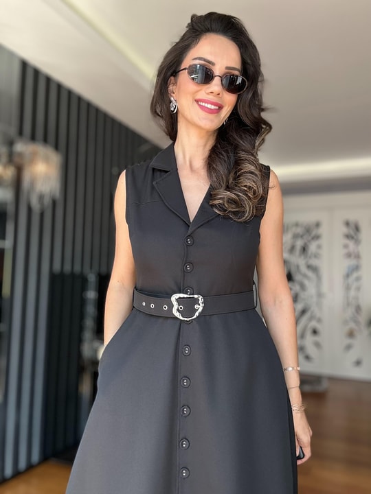  Black Belted Shirt Dress