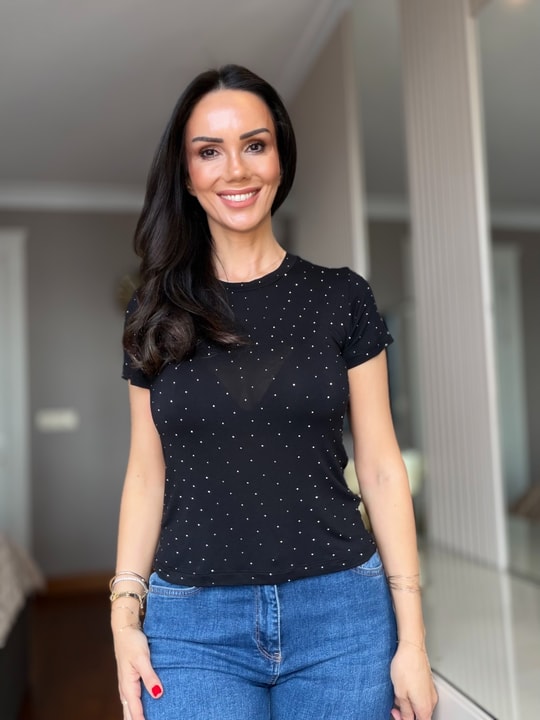 Siyah Komple Taşlı Modal Tişört
