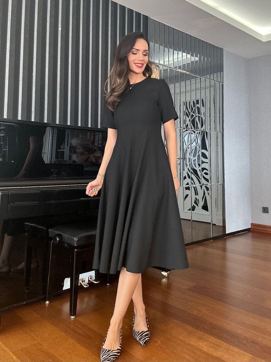  Black Waist-Cinched Flared Dress