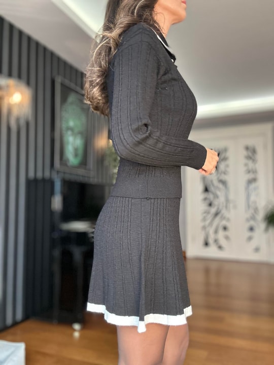  Black Polo Collar Blouse Skirt Knit Set