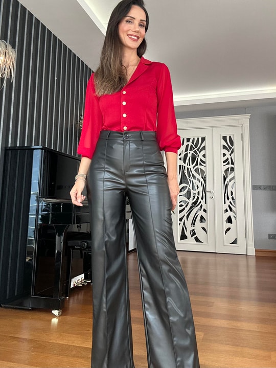  Black High-Waisted Palazzo Leather Pants with Fleece Inside