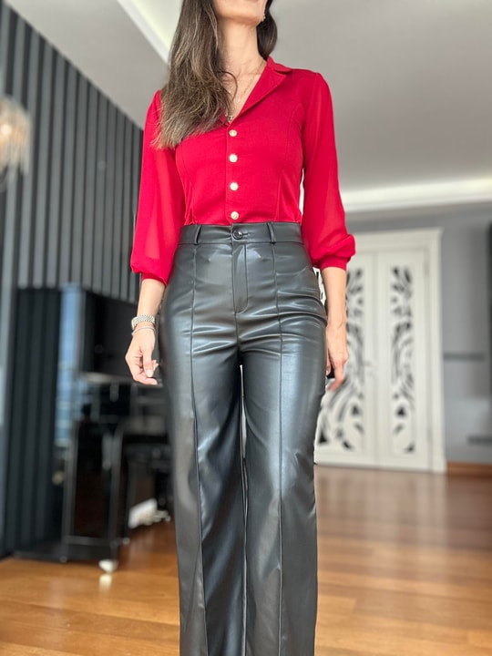  Black High-Waisted Palazzo Leather Pants with Fleece Inside