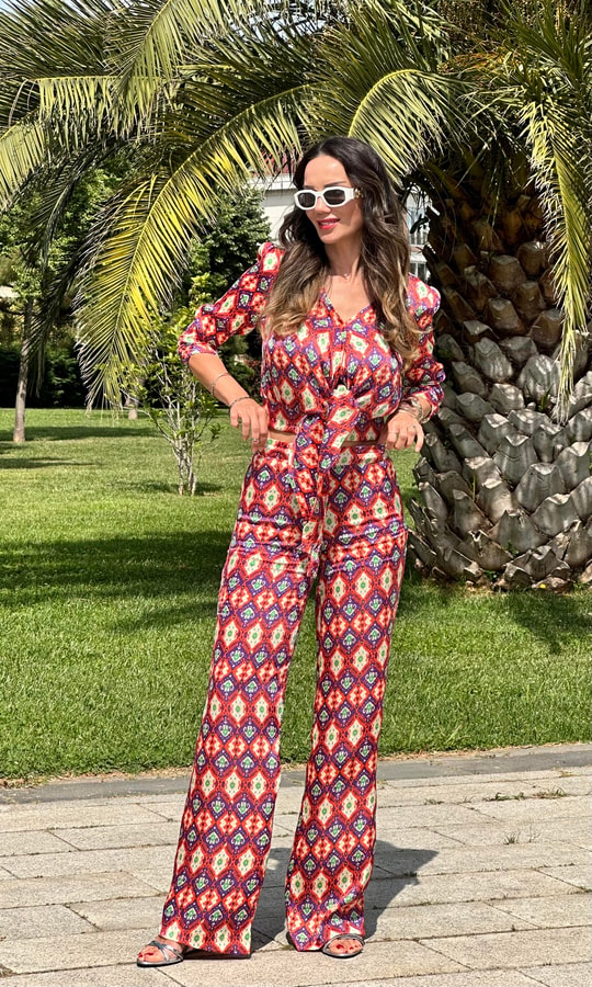 Turuncu Saten Bluz Pantolon Takım
