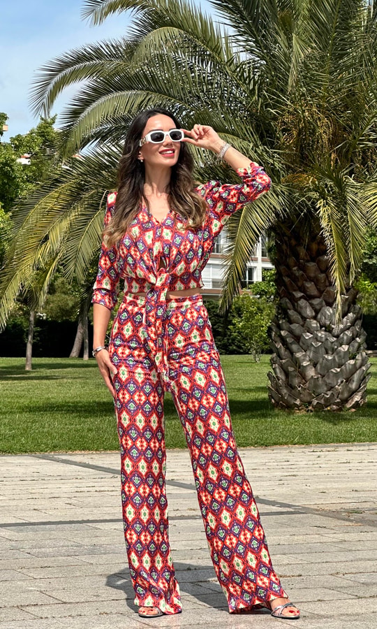 Turuncu Saten Bluz Pantolon Takım