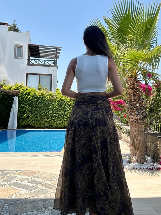 Acı Kahve Şal Desen Şifon Etek