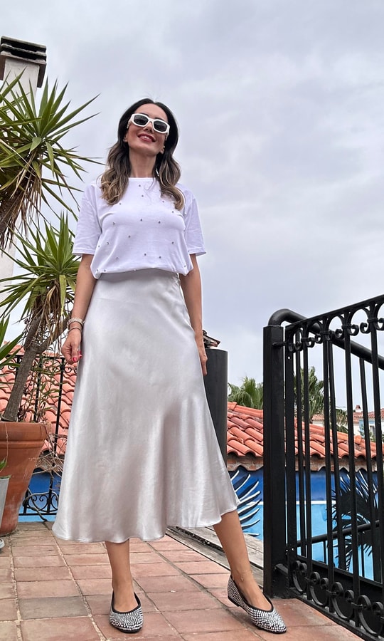 Açık Gri Midi Saten Etek