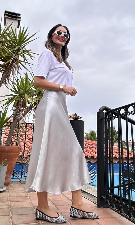 Açık Gri Midi Saten Etek