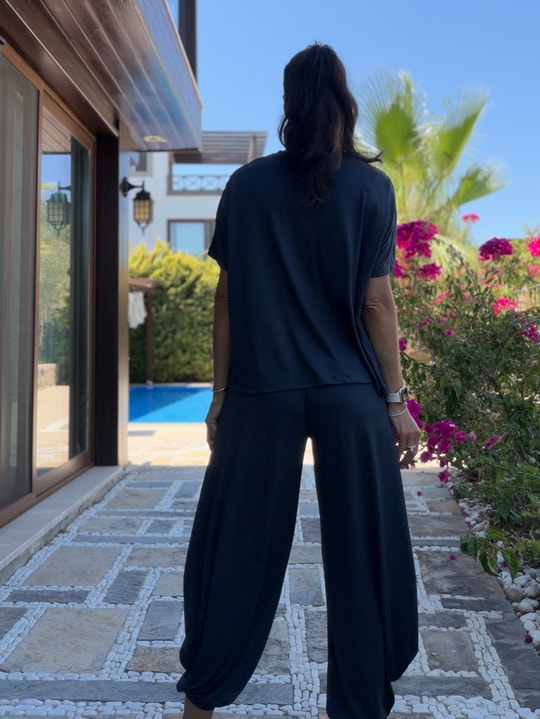 Antrasit Pileli Modal Şalvar Pantolon Bluz Takım