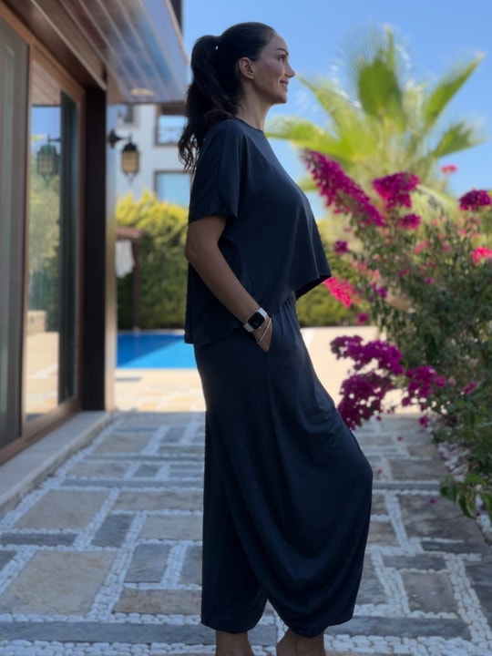 Antrasit Pileli Modal Şalvar Pantolon Bluz Takım