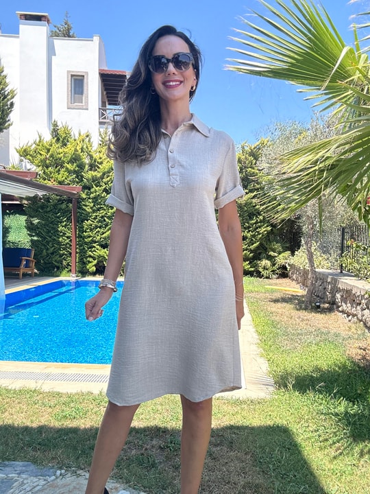 Bej Polo Yaka Midi Elbise
