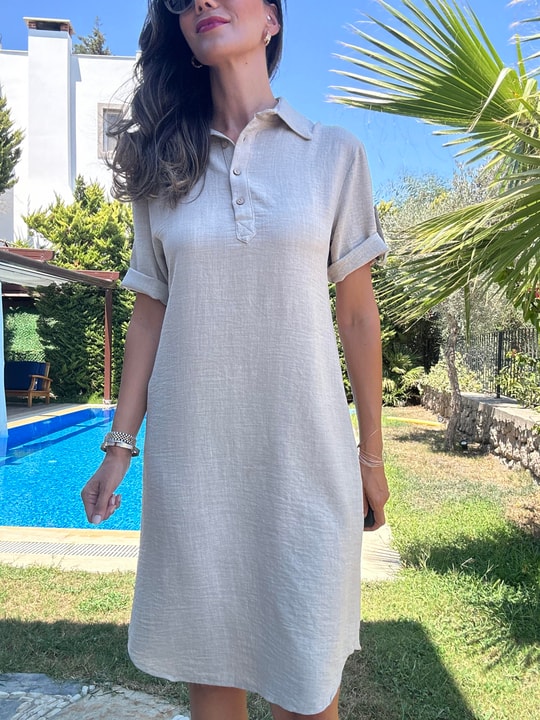 Bej Polo Yaka Midi Elbise
