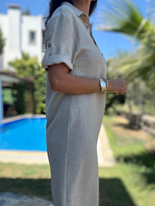 Bej Polo Yaka Midi Elbise