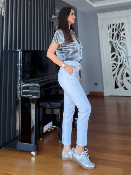 Beyaz Beli Lastikli Duble Paça Likralı  Pantolon