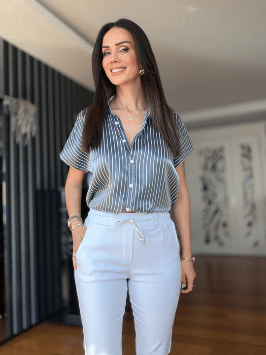 Beyaz Beli Lastikli Duble Paça Likralı  Pantolon