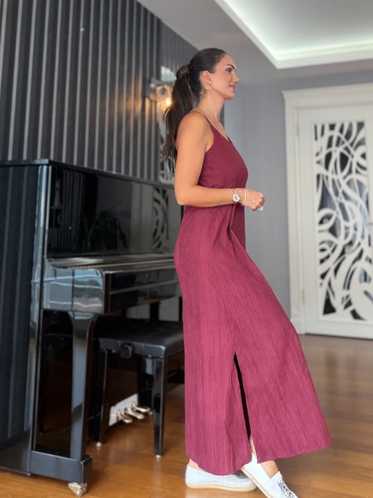 Bordo Askılı Elbise Gömlek Takım