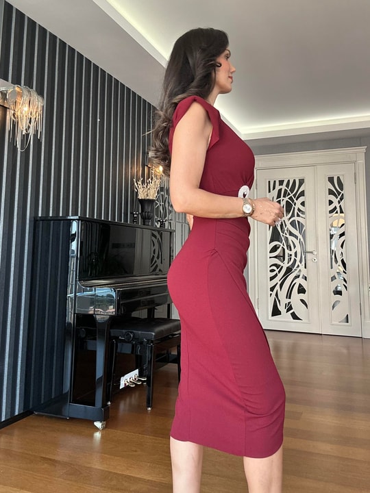 Bordo Damla Broşlu Anvelop  Elbise