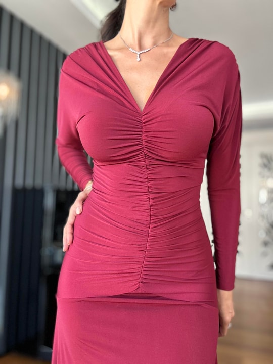 Bordo Drapeli Uzun Kollu Maxi Elbise