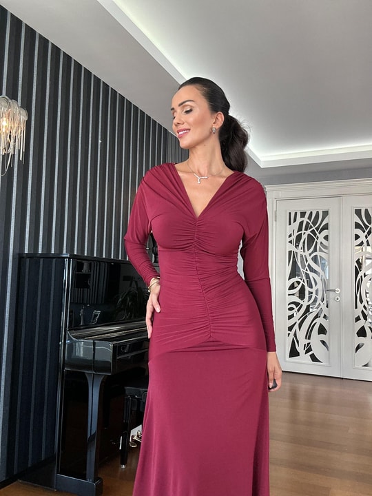 Bordo Drapeli Uzun Kollu Maxi Elbise