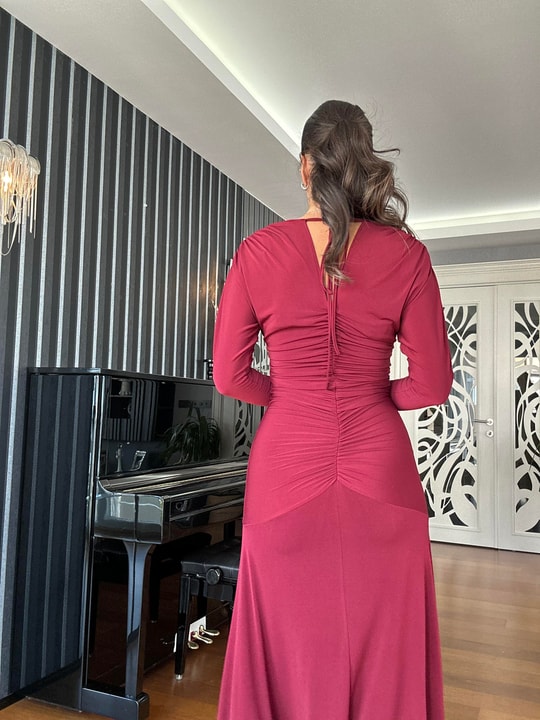 Bordo Drapeli Uzun Kollu Maxi Elbise