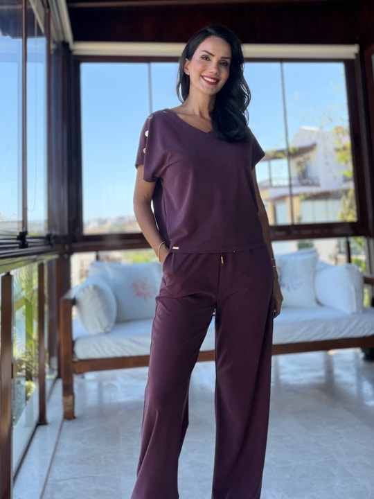 Bordo Gold Detaylı Tensel Bluz  Pantolon Takım