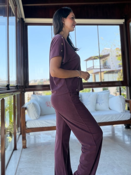 Bordo Gold Detaylı Tensel Bluz  Pantolon Takım