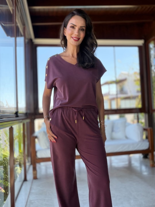 Bordo Gold Detaylı Tensel Bluz  Pantolon Takım