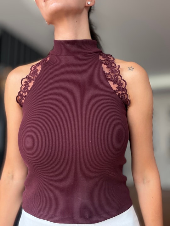 Bordo Halter Yaka Güpürlü Bluz