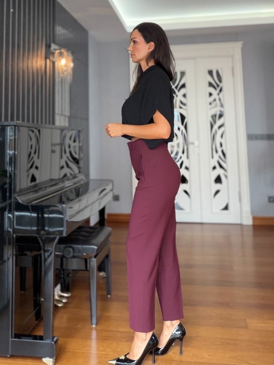 Bordo Havuç Kesim Önü Flotalı Pantolon